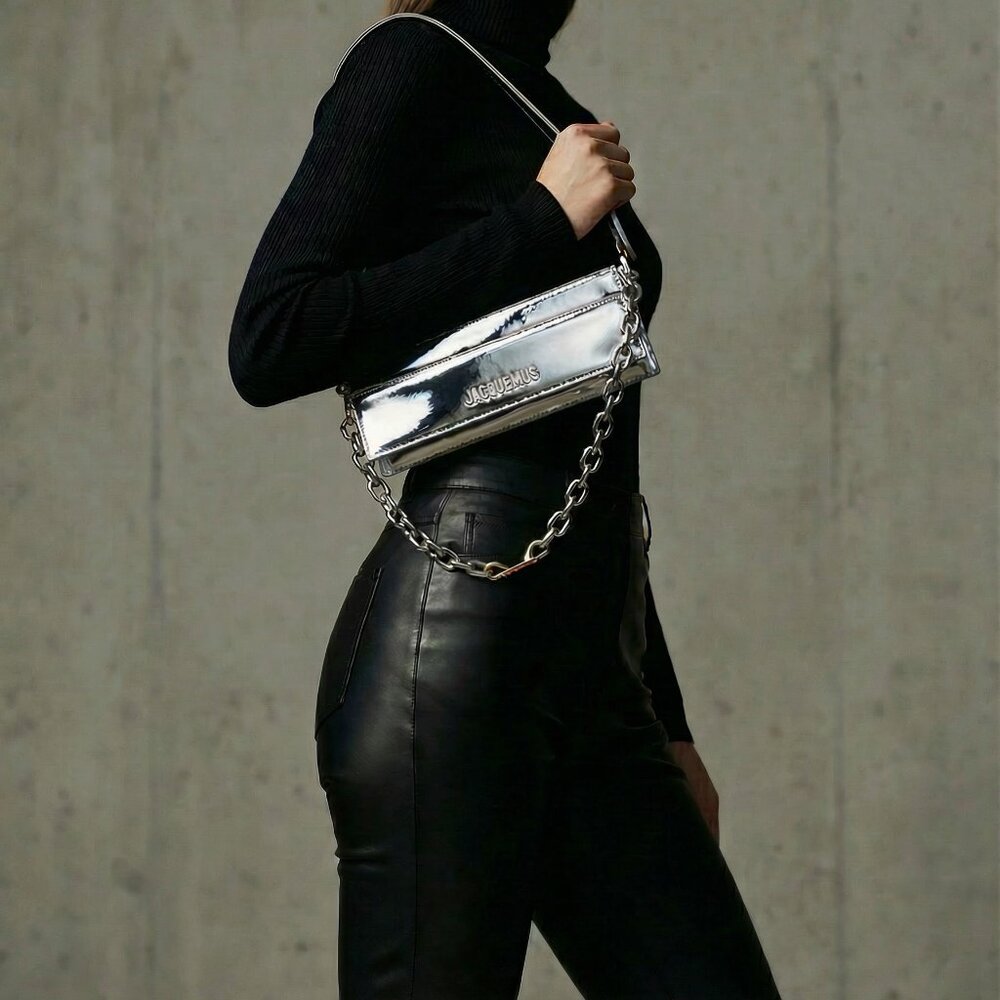 authentic NWT JACQUEMUS Le Ciuciu metallic silver leather shoulder bag PRISTINE - Picture 2 of 16